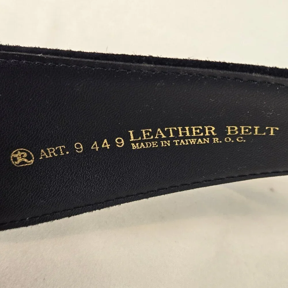 Art 9 Black Suede Wide Leather Belt Gold Hook Front Adjustable Screw Back VTG